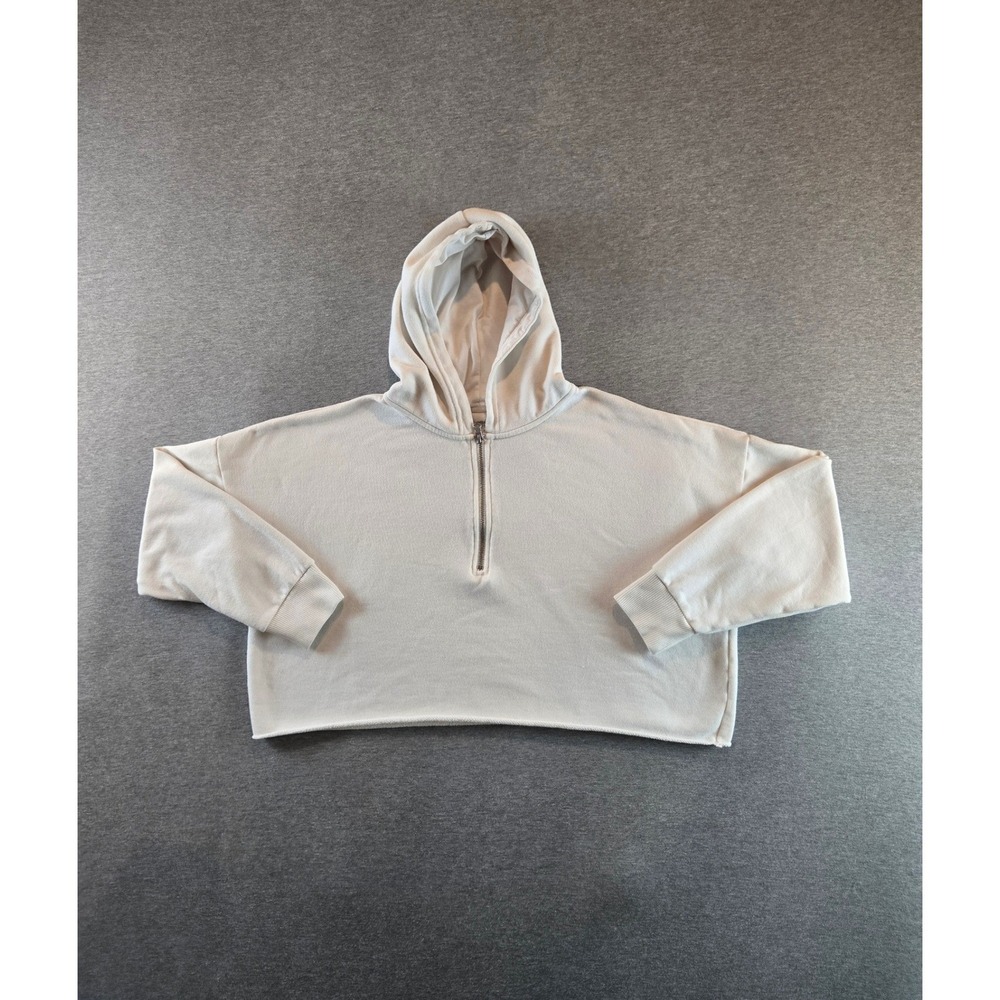 Aerie Hoodie Women L Cream Quarter Zip Cropped Oversized Raw Hem Pullover Fleece